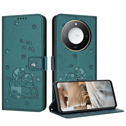 Honor X60 Embossed Kitten PU Leather Wallet Case with Card Slots, Cash Pocket, Kickstand Function, Wrist Lanyard Strap, Full Protective TPU Flip Cover