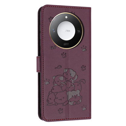 Honor X60 Embossed Kitten PU Leather Wallet Case with Card Slots, Cash Pocket, Kickstand Function, Wrist Lanyard Strap, Full Protective TPU Flip Cover