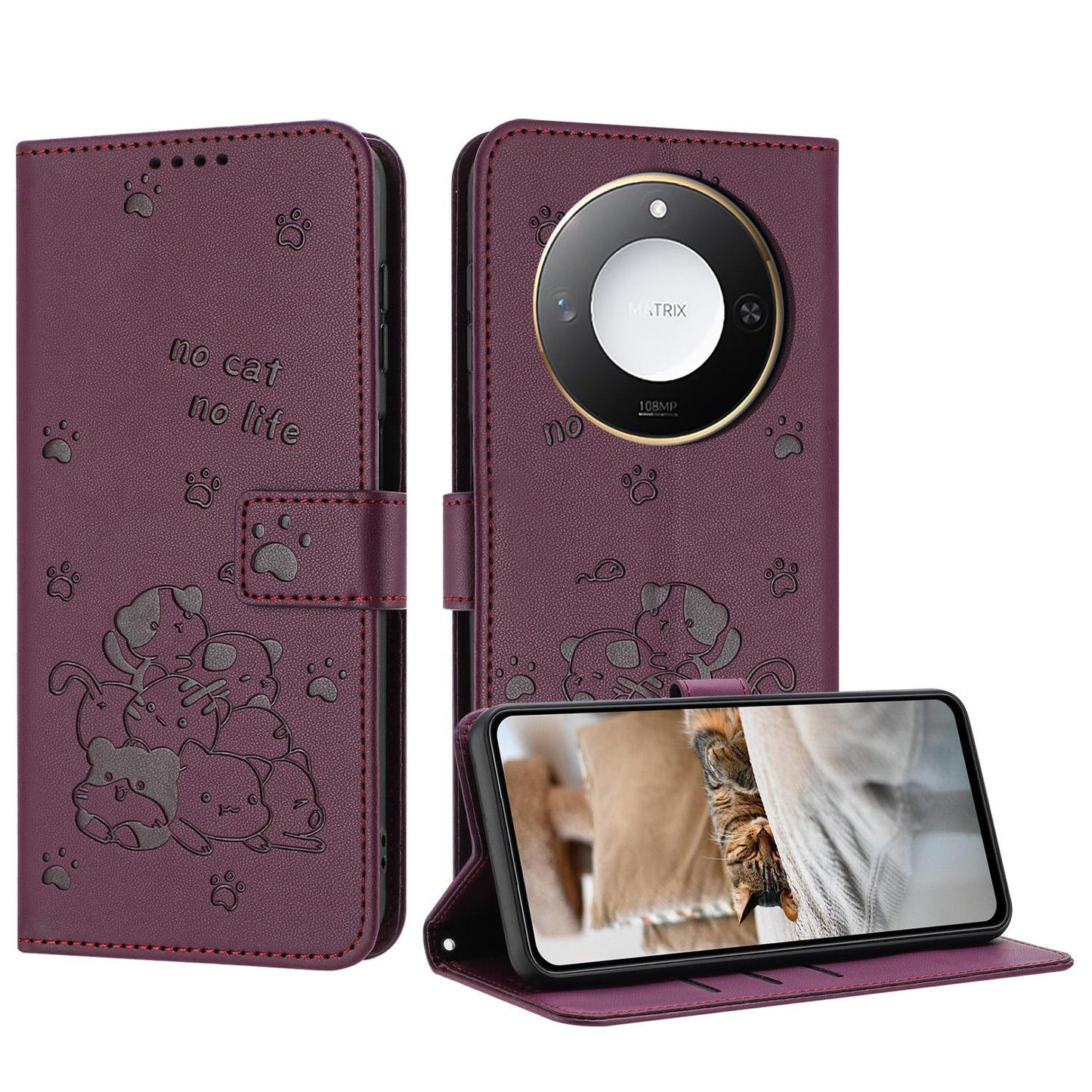 Honor X9c Smart Embossed Kitten PU Leather Wallet Case with Card Slots, Cash Pocket, Kickstand Function, Wrist Lanyard Strap, Full Protective TPU Flip Cover