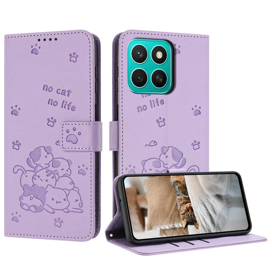 Honor X8c 4G Embossed Kitten PU Leather Wallet Case with Card Slots, Cash Pocket, Kickstand Function, Wrist Lanyard Strap, Full Protective TPU Flip Cover
