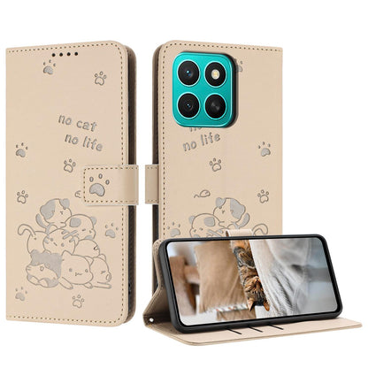 Honor X8c 4G Embossed Kitten PU Leather Wallet Case with Card Slots, Cash Pocket, Kickstand Function, Wrist Lanyard Strap, Full Protective TPU Flip Cover