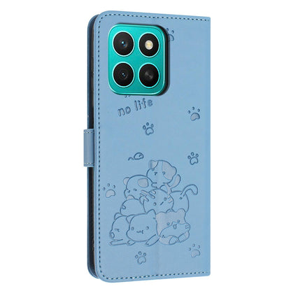 Honor X8c 4G Embossed Kitten PU Leather Wallet Case with Card Slots, Cash Pocket, Kickstand Function, Wrist Lanyard Strap, Full Protective TPU Flip Cover