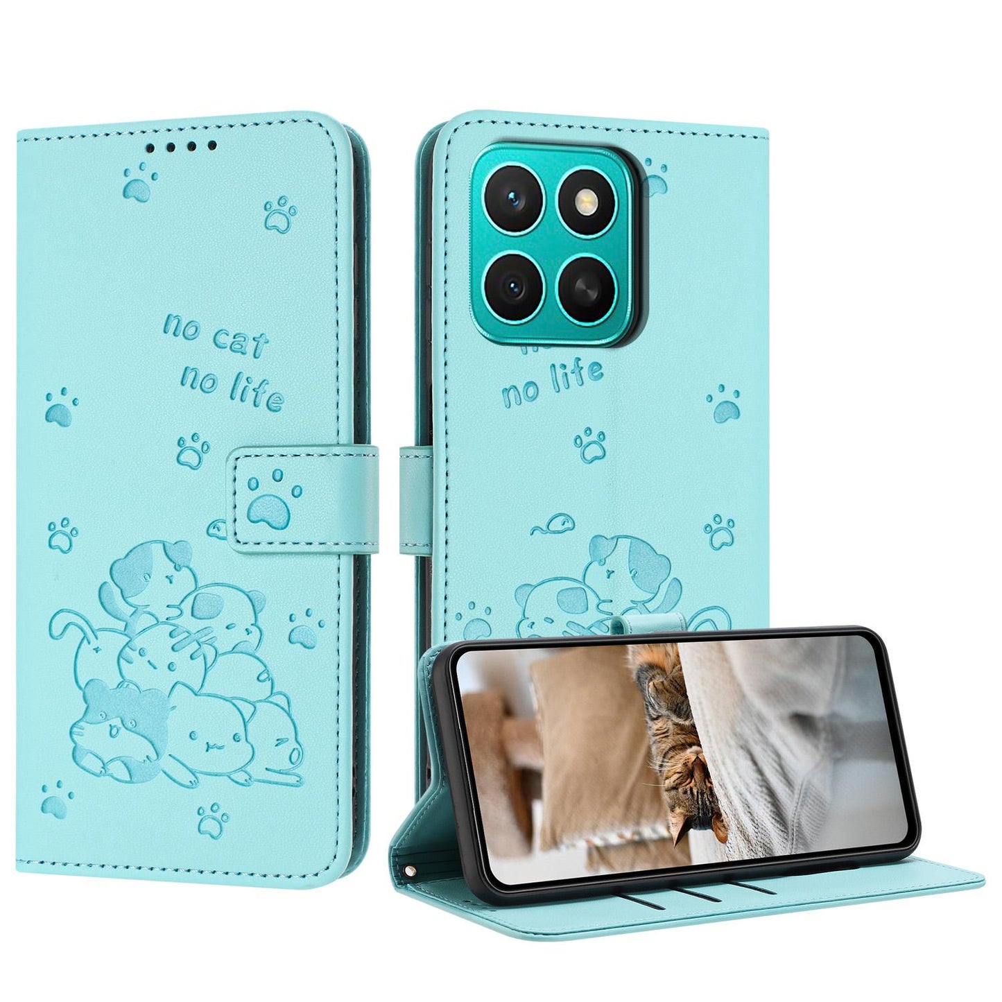 Honor X8c 4G Embossed Kitten PU Leather Wallet Case with Card Slots, Cash Pocket, Kickstand Function, Wrist Lanyard Strap, Full Protective TPU Flip Cover