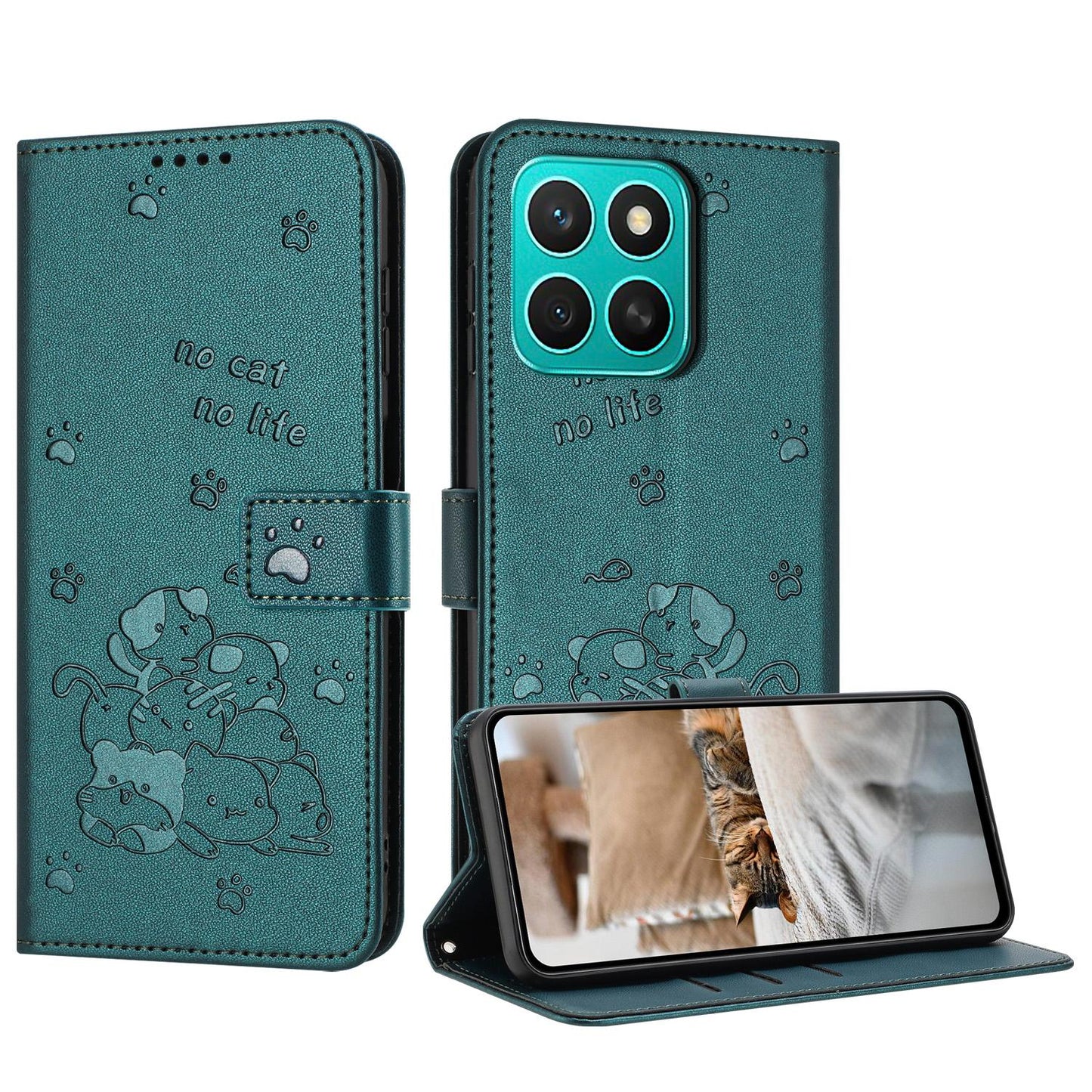 Honor X8c 4G Embossed Kitten PU Leather Wallet Case with Card Slots, Cash Pocket, Kickstand Function, Wrist Lanyard Strap, Full Protective TPU Flip Cover