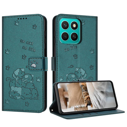 Honor X8c 4G Embossed Kitten PU Leather Wallet Case with Card Slots, Cash Pocket, Kickstand Function, Wrist Lanyard Strap, Full Protective TPU Flip Cover