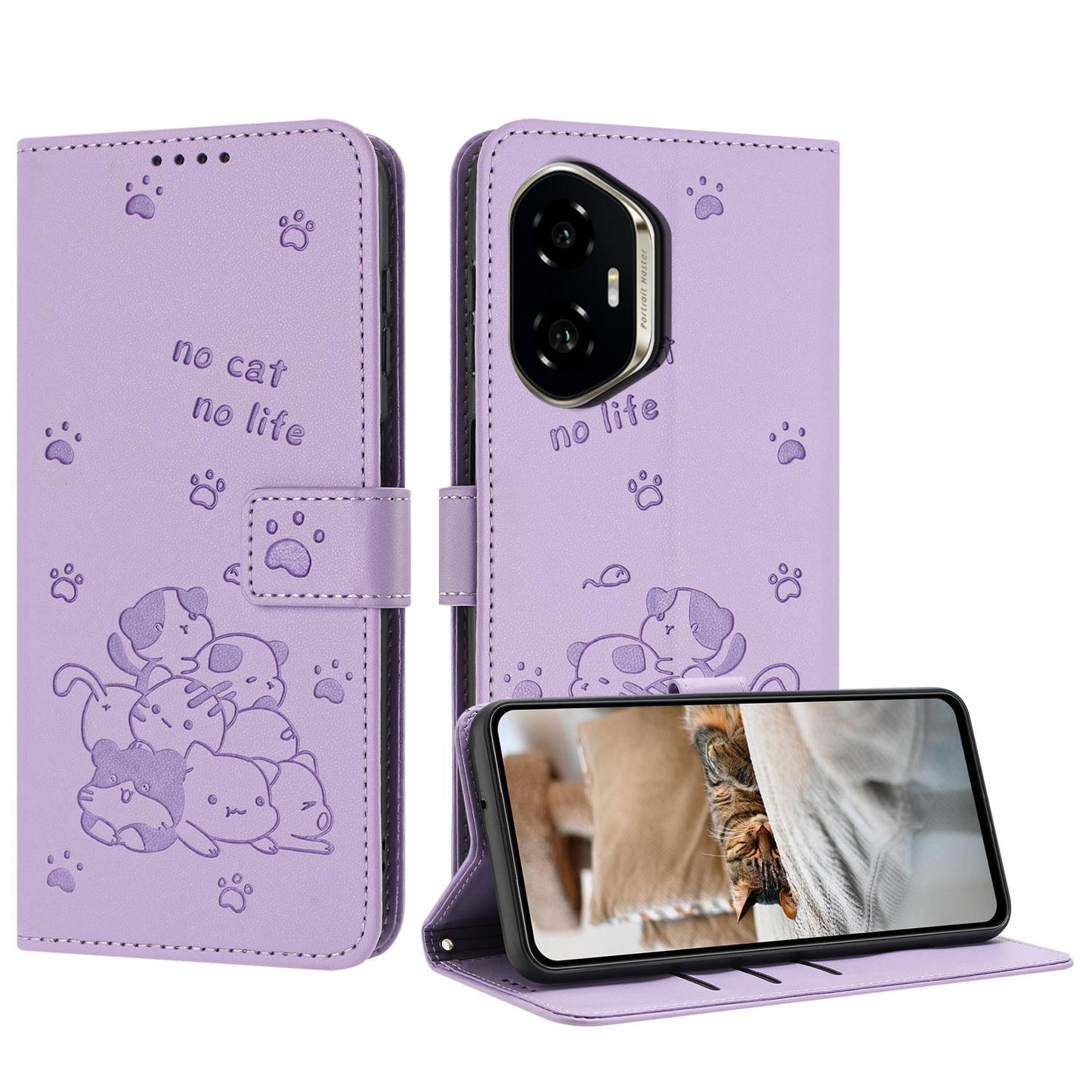 Honor 400 156.5mm Embossed Kitten PU Leather Wallet Case with Card Slots, Cash Pocket, Kickstand Function, Wrist Lanyard Strap, Full Protective TPU Flip Cover