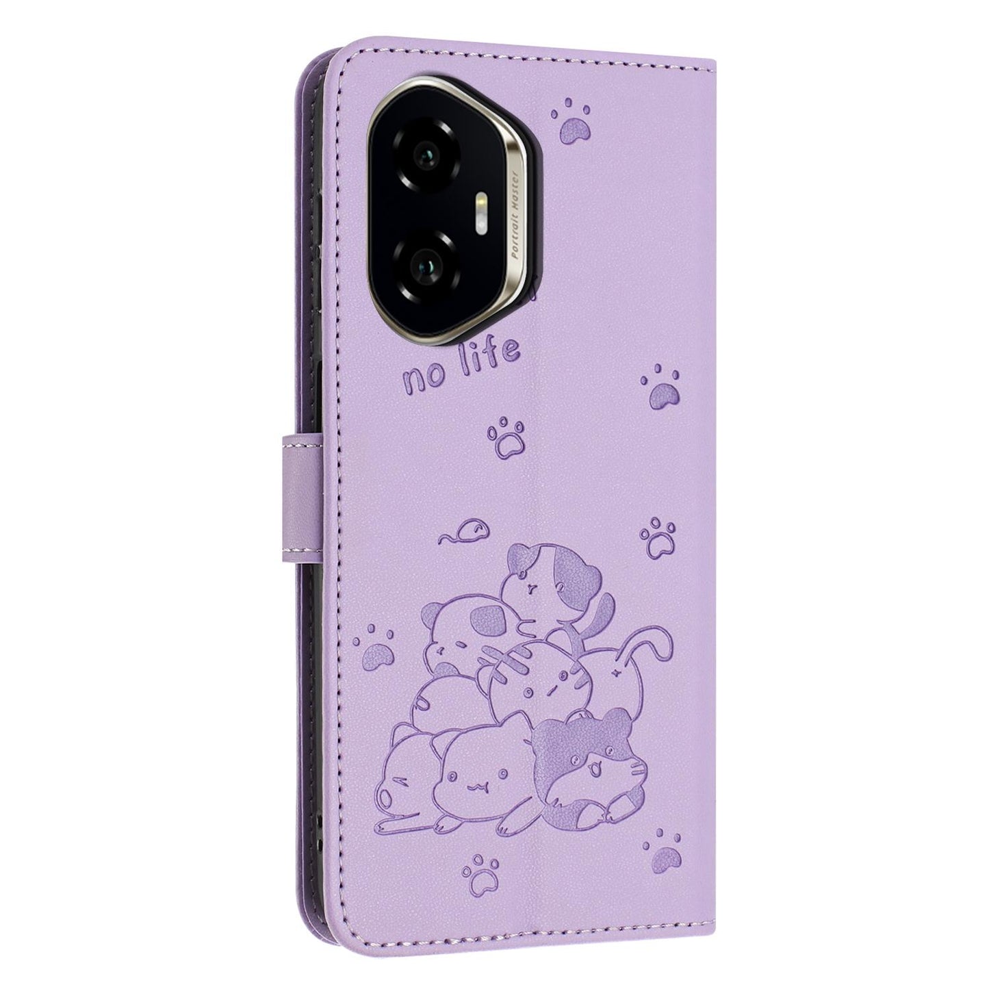 Honor 400 156.5mm Embossed Kitten PU Leather Wallet Case with Card Slots, Cash Pocket, Kickstand Function, Wrist Lanyard Strap, Full Protective TPU Flip Cover