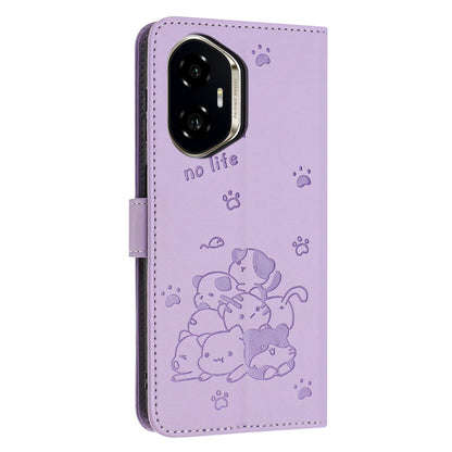 Honor 400 156.5mm Embossed Kitten PU Leather Wallet Case with Card Slots, Cash Pocket, Kickstand Function, Wrist Lanyard Strap, Full Protective TPU Flip Cover