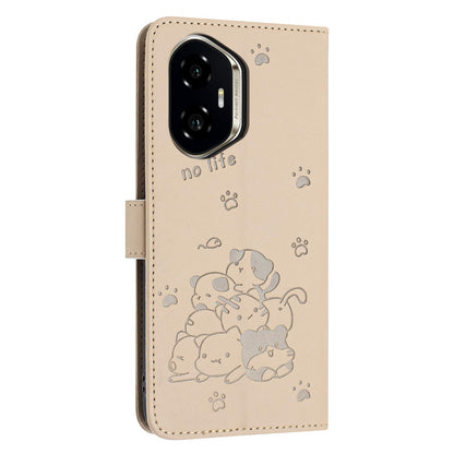 Honor 400 156.5mm Embossed Kitten PU Leather Wallet Case with Card Slots, Cash Pocket, Kickstand Function, Wrist Lanyard Strap, Full Protective TPU Flip Cover