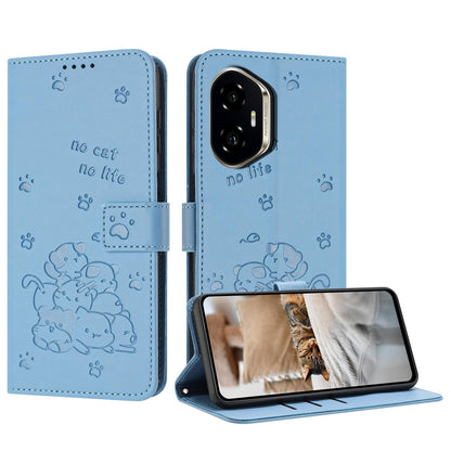 Honor 400 156.5mm Embossed Kitten PU Leather Wallet Case with Card Slots, Cash Pocket, Kickstand Function, Wrist Lanyard Strap, Full Protective TPU Flip Cover