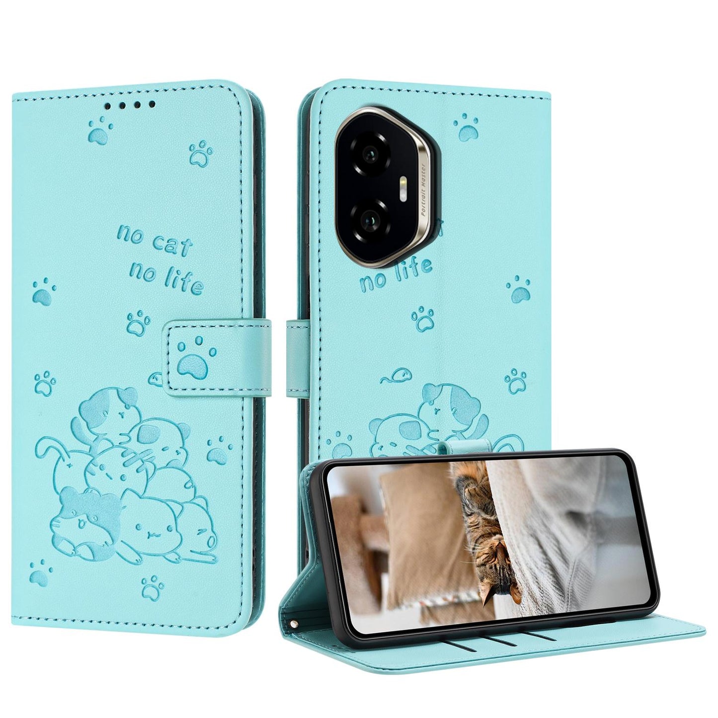 Honor 400 156.5mm Embossed Kitten PU Leather Wallet Case with Card Slots, Cash Pocket, Kickstand Function, Wrist Lanyard Strap, Full Protective TPU Flip Cover