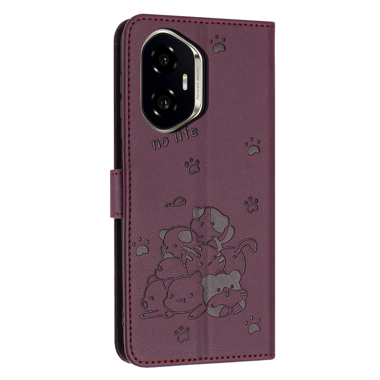 Honor 400 156.5mm Embossed Kitten PU Leather Wallet Case with Card Slots, Cash Pocket, Kickstand Function, Wrist Lanyard Strap, Full Protective TPU Flip Cover