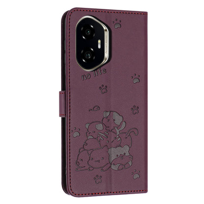 Honor 400 156.5mm Embossed Kitten PU Leather Wallet Case with Card Slots, Cash Pocket, Kickstand Function, Wrist Lanyard Strap, Full Protective TPU Flip Cover