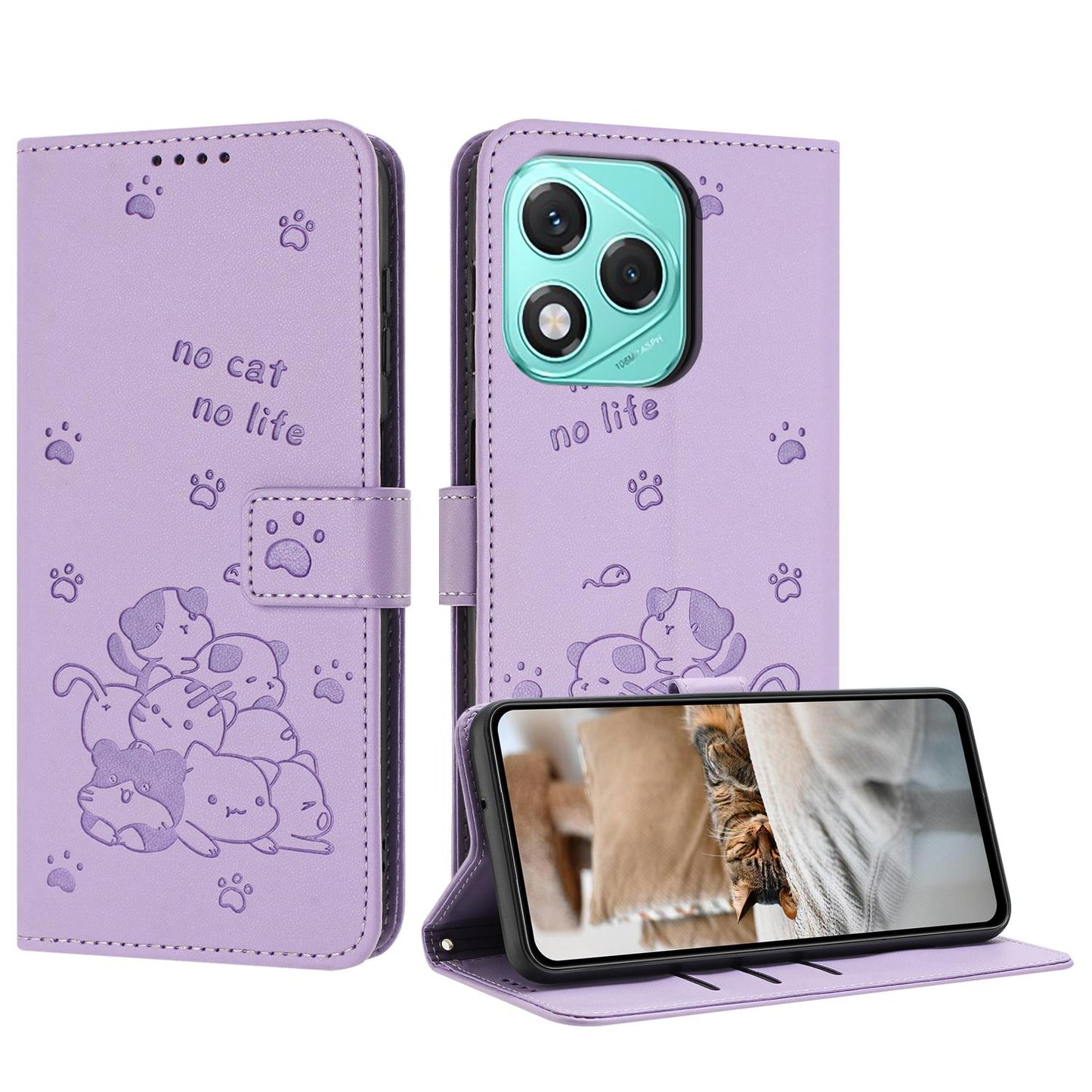 Honor 400 Lite Embossed Kitten PU Leather Wallet Case with Card Slots, Cash Pocket, Kickstand Function, Wrist Lanyard Strap, Full Protective TPU Flip Cover