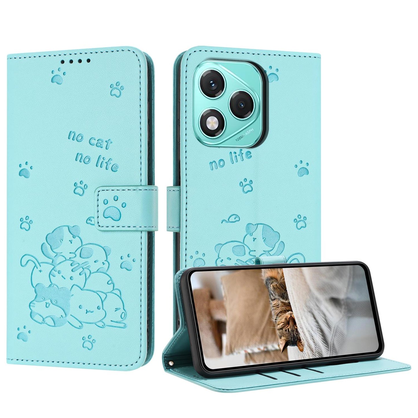 Honor 400 Lite Embossed Kitten PU Leather Wallet Case with Card Slots, Cash Pocket, Kickstand Function, Wrist Lanyard Strap, Full Protective TPU Flip Cover
