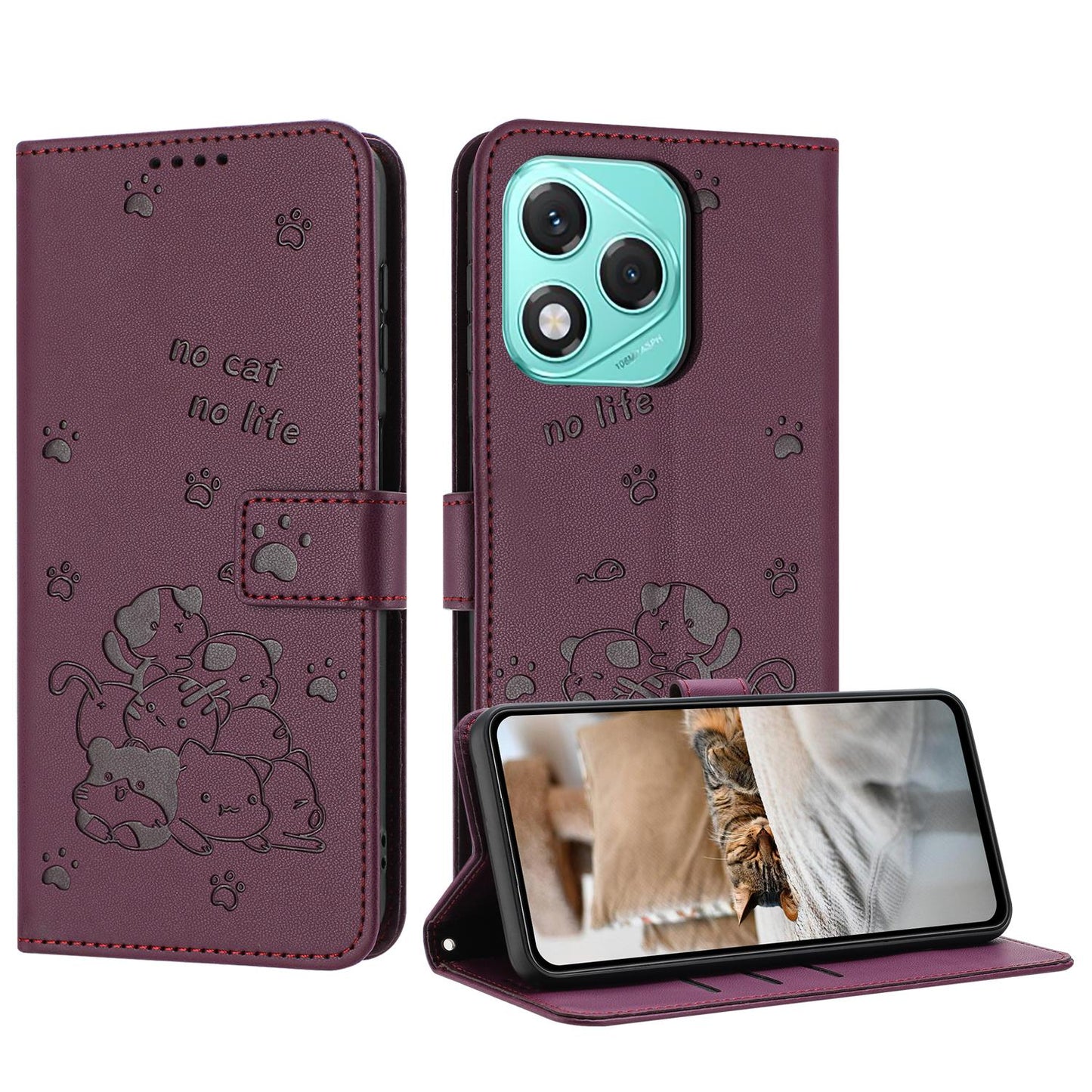 Honor 400 Lite Embossed Kitten PU Leather Wallet Case with Card Slots, Cash Pocket, Kickstand Function, Wrist Lanyard Strap, Full Protective TPU Flip Cover