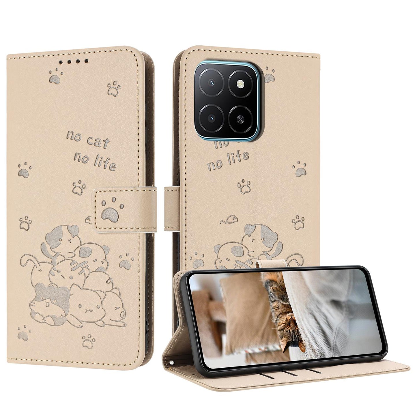 Honor X6c 4G Embossed Kitten PU Leather Wallet Case with Card Slots, Cash Pocket, Kickstand Function, Wrist Lanyard Strap, Full Protective TPU Flip Cover