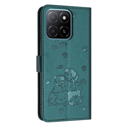 Honor X6c 4G Embossed Kitten PU Leather Wallet Case with Card Slots, Cash Pocket, Kickstand Function, Wrist Lanyard Strap, Full Protective TPU Flip Cover