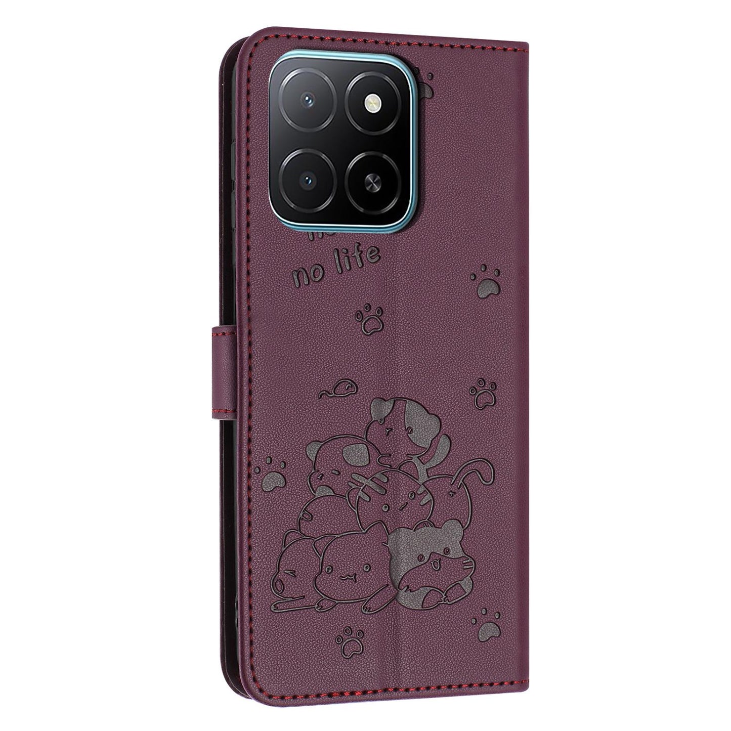 Honor X6c 4G Embossed Kitten PU Leather Wallet Case with Card Slots, Cash Pocket, Kickstand Function, Wrist Lanyard Strap, Full Protective TPU Flip Cover