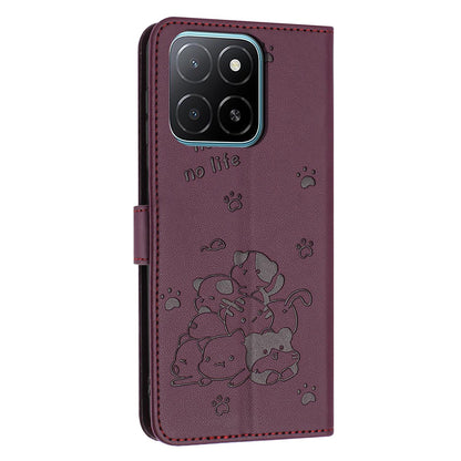Honor X6c 4G Embossed Kitten PU Leather Wallet Case with Card Slots, Cash Pocket, Kickstand Function, Wrist Lanyard Strap, Full Protective TPU Flip Cover