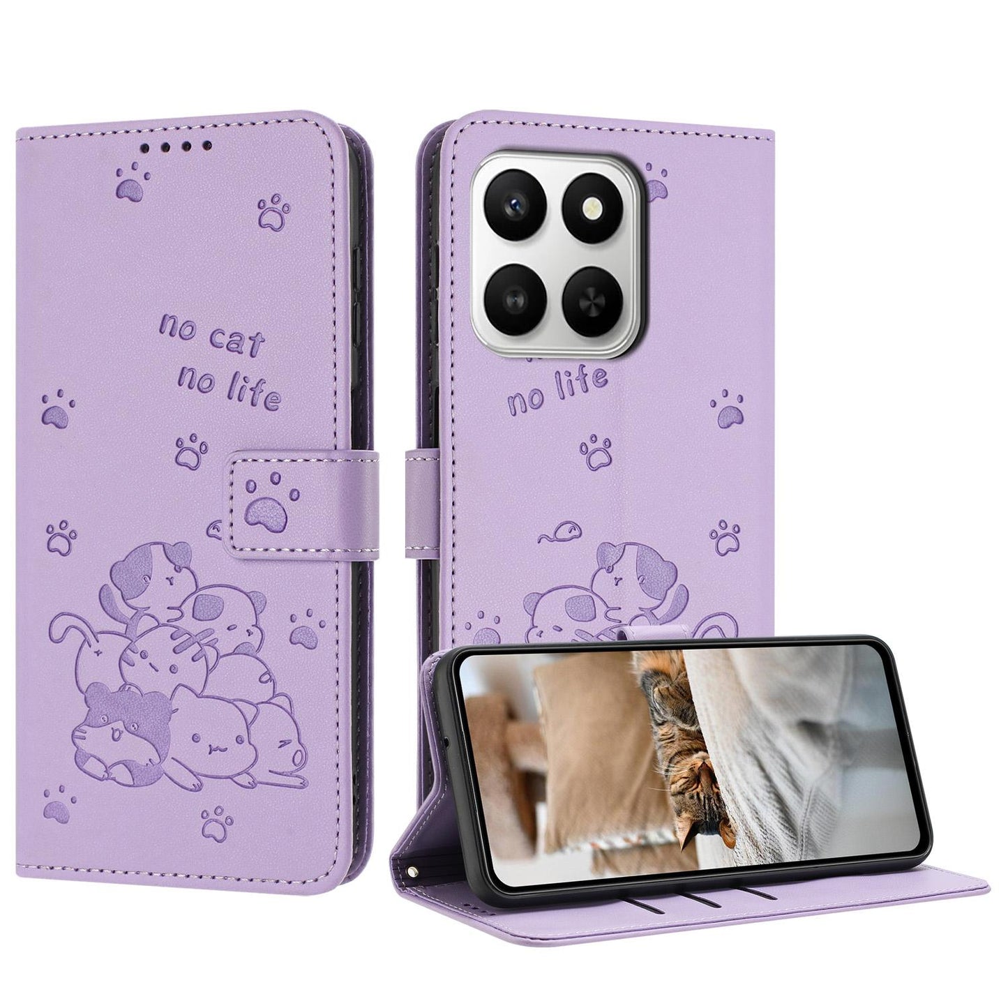 Honor 400 Smart 5G Embossed Kitten PU Leather Wallet Case with Card Slots, Cash Pocket, Kickstand Function, Wrist Lanyard Strap, Full Protective TPU Flip Cover