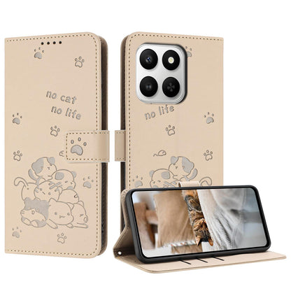 Honor 400 Smart 5G Embossed Kitten PU Leather Wallet Case with Card Slots, Cash Pocket, Kickstand Function, Wrist Lanyard Strap, Full Protective TPU Flip Cover