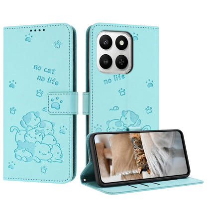 Honor X7d 5G Embossed Kitten PU Leather Wallet Case with Card Slots, Cash Pocket, Kickstand Function, Wrist Lanyard Strap, Full Protective TPU Flip Cover