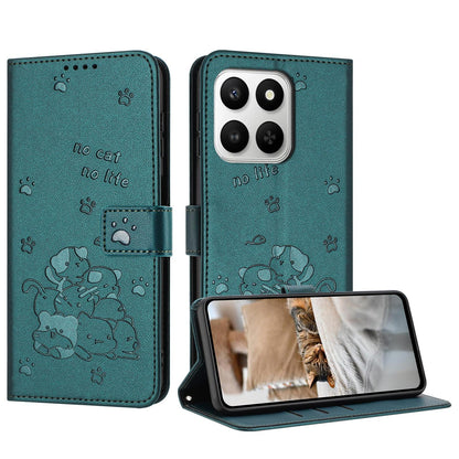 Honor 400 Smart 5G Embossed Kitten PU Leather Wallet Case with Card Slots, Cash Pocket, Kickstand Function, Wrist Lanyard Strap, Full Protective TPU Flip Cover