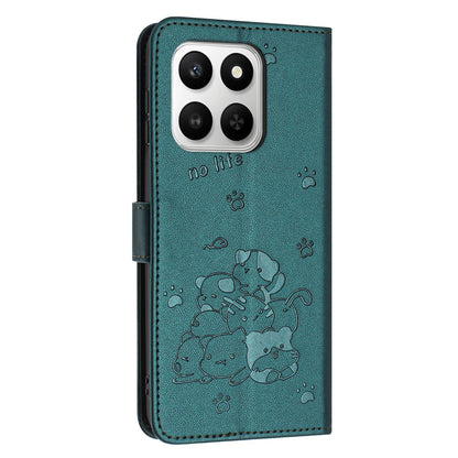 Honor X7d 5G Embossed Kitten PU Leather Wallet Case with Card Slots, Cash Pocket, Kickstand Function, Wrist Lanyard Strap, Full Protective TPU Flip Cover