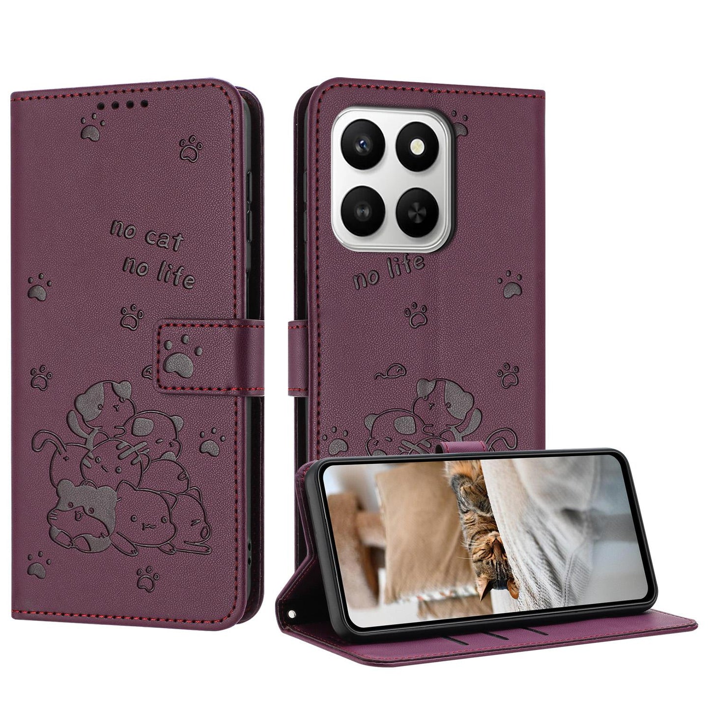 Honor 400 Smart 5G Embossed Kitten PU Leather Wallet Case with Card Slots, Cash Pocket, Kickstand Function, Wrist Lanyard Strap, Full Protective TPU Flip Cover