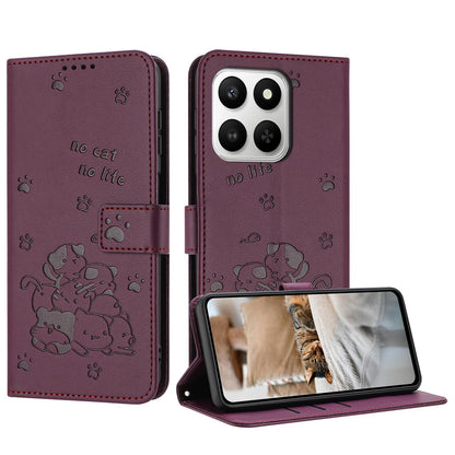 Honor X7d 5G Embossed Kitten PU Leather Wallet Case with Card Slots, Cash Pocket, Kickstand Function, Wrist Lanyard Strap, Full Protective TPU Flip Cover