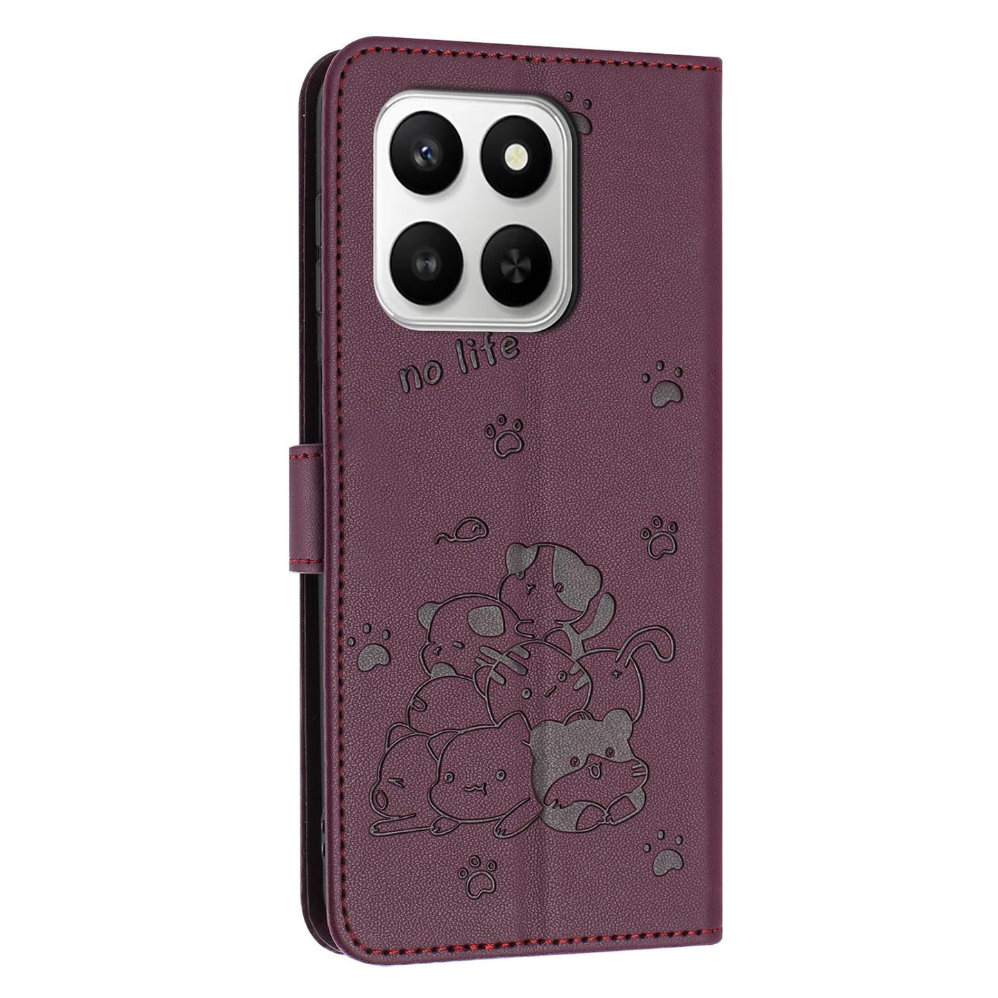 Honor 400 Smart 5G Embossed Kitten PU Leather Wallet Case with Card Slots, Cash Pocket, Kickstand Function, Wrist Lanyard Strap, Full Protective TPU Flip Cover