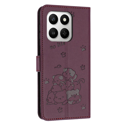 Honor 400 Smart 5G Embossed Kitten PU Leather Wallet Case with Card Slots, Cash Pocket, Kickstand Function, Wrist Lanyard Strap, Full Protective TPU Flip Cover