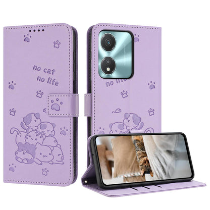 Honor X5c Plus Embossed Kitten PU Leather Wallet Case with Card Slots, Cash Pocket, Kickstand Function, Wrist Lanyard Strap, Full Protective TPU Flip Cover