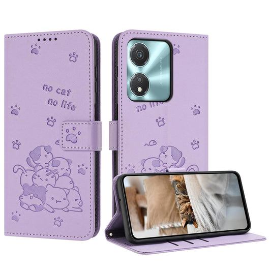 Honor X5c Plus Embossed Kitten PU Leather Wallet Case with Card Slots, Cash Pocket, Kickstand Function, Wrist Lanyard Strap, Full Protective TPU Flip Cover