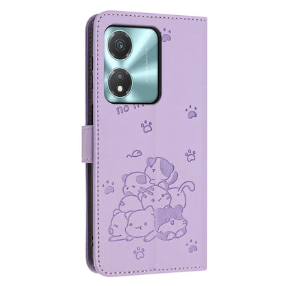 Honor X5c Plus Embossed Kitten PU Leather Wallet Case with Card Slots, Cash Pocket, Kickstand Function, Wrist Lanyard Strap, Full Protective TPU Flip Cover