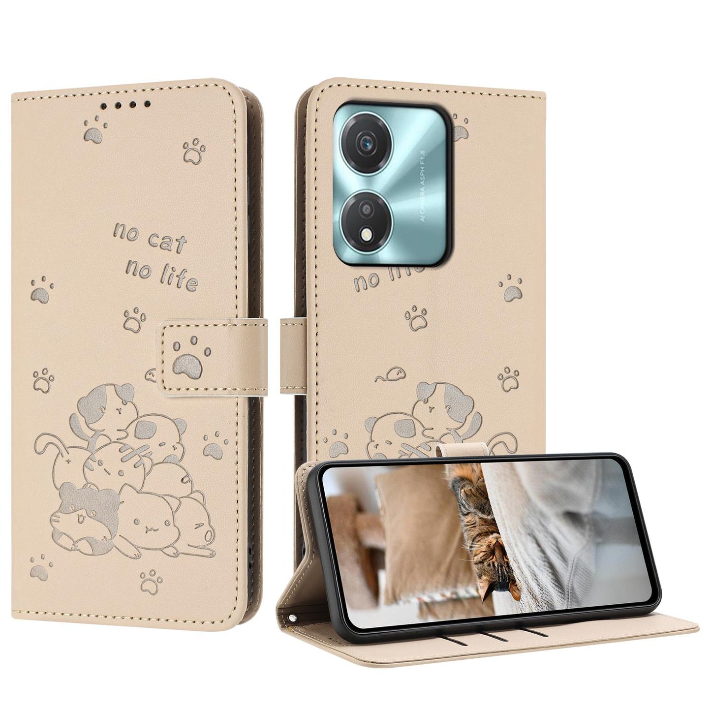 Honor X5c Plus Embossed Kitten PU Leather Wallet Case with Card Slots, Cash Pocket, Kickstand Function, Wrist Lanyard Strap, Full Protective TPU Flip Cover
