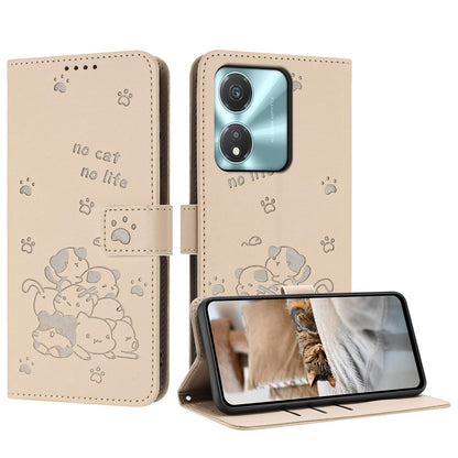 Honor X5c Plus Embossed Kitten PU Leather Wallet Case with Card Slots, Cash Pocket, Kickstand Function, Wrist Lanyard Strap, Full Protective TPU Flip Cover