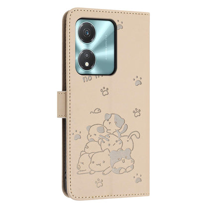 Honor X5c Plus Embossed Kitten PU Leather Wallet Case with Card Slots, Cash Pocket, Kickstand Function, Wrist Lanyard Strap, Full Protective TPU Flip Cover