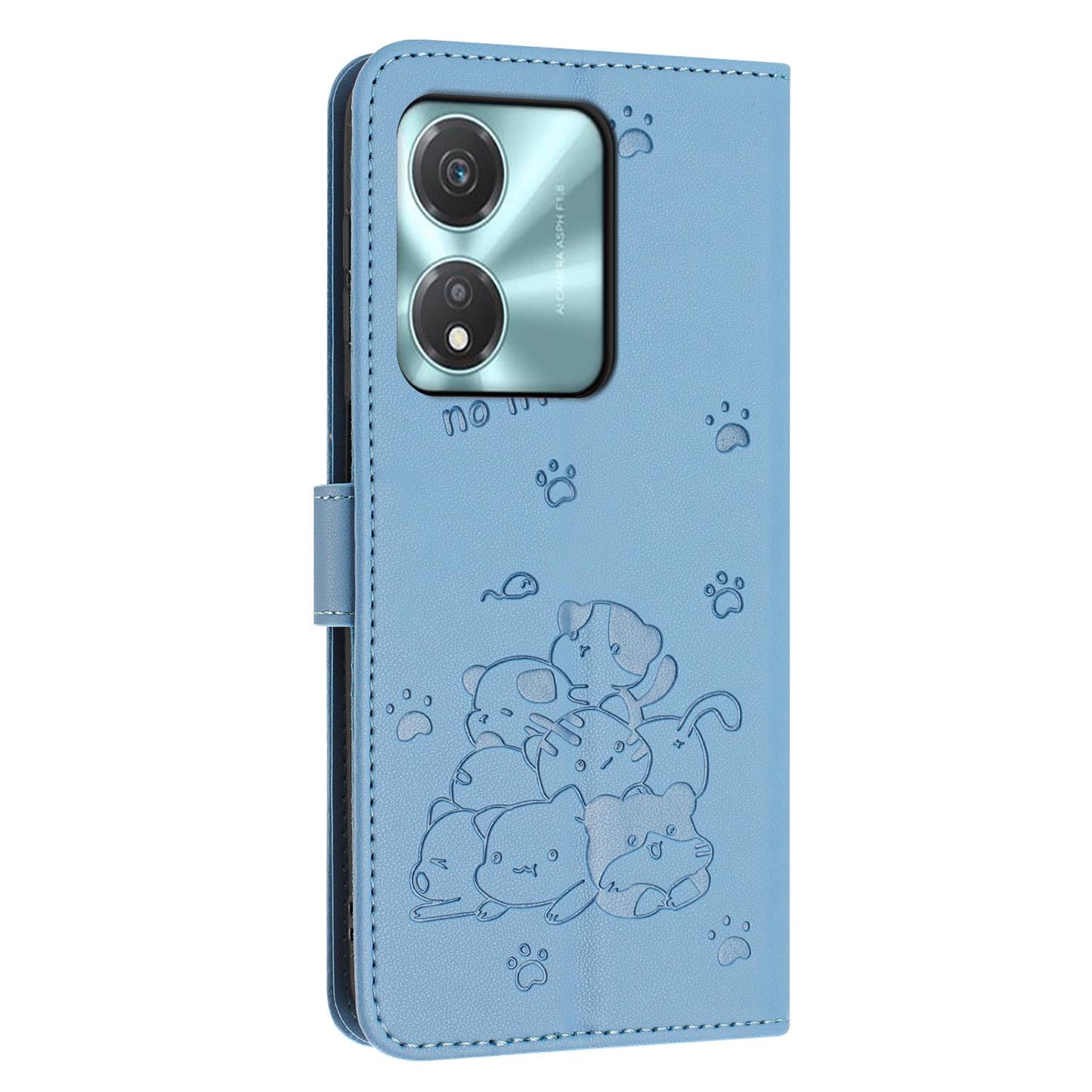 Honor X5c Plus Embossed Kitten PU Leather Wallet Case with Card Slots, Cash Pocket, Kickstand Function, Wrist Lanyard Strap, Full Protective TPU Flip Cover