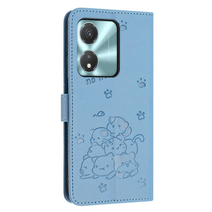 Honor X5c Plus Embossed Kitten PU Leather Wallet Case with Card Slots, Cash Pocket, Kickstand Function, Wrist Lanyard Strap, Full Protective TPU Flip Cover