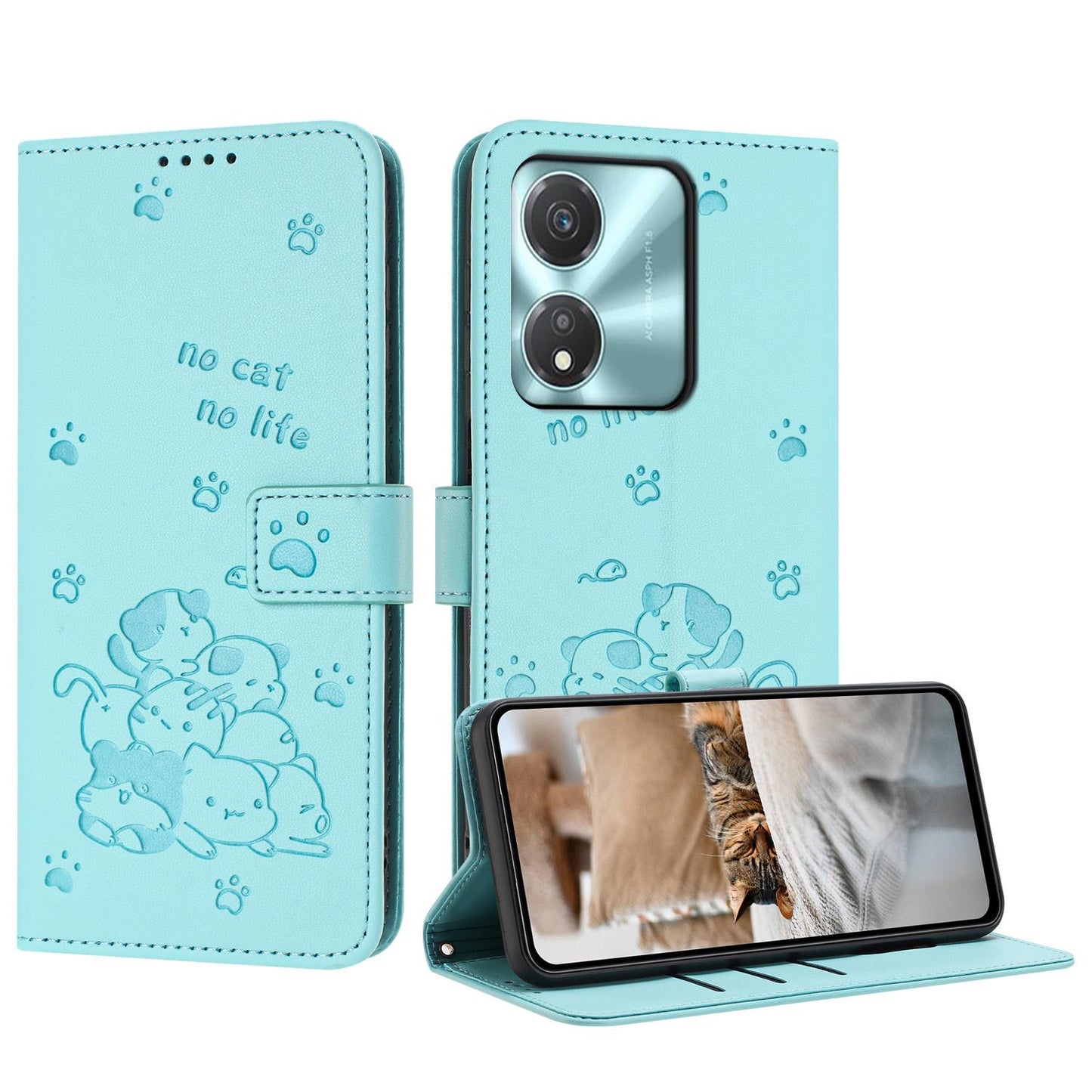 Honor X5c Plus Embossed Kitten PU Leather Wallet Case with Card Slots, Cash Pocket, Kickstand Function, Wrist Lanyard Strap, Full Protective TPU Flip Cover
