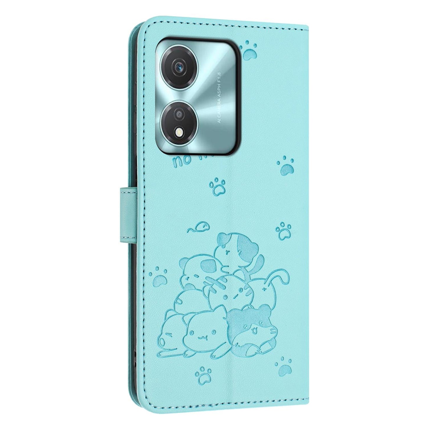 Honor X5c Plus Embossed Kitten PU Leather Wallet Case with Card Slots, Cash Pocket, Kickstand Function, Wrist Lanyard Strap, Full Protective TPU Flip Cover