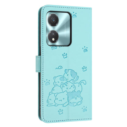 Honor X5c Plus Embossed Kitten PU Leather Wallet Case with Card Slots, Cash Pocket, Kickstand Function, Wrist Lanyard Strap, Full Protective TPU Flip Cover