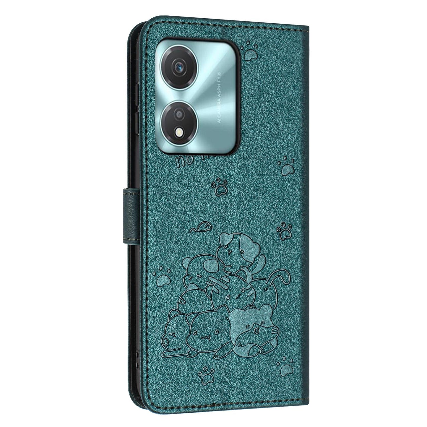 Honor X5c Plus Embossed Kitten PU Leather Wallet Case with Card Slots, Cash Pocket, Kickstand Function, Wrist Lanyard Strap, Full Protective TPU Flip Cover