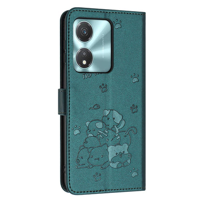Honor X5c Plus Embossed Kitten PU Leather Wallet Case with Card Slots, Cash Pocket, Kickstand Function, Wrist Lanyard Strap, Full Protective TPU Flip Cover