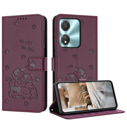 Honor X5c Plus Embossed Kitten PU Leather Wallet Case with Card Slots, Cash Pocket, Kickstand Function, Wrist Lanyard Strap, Full Protective TPU Flip Cover