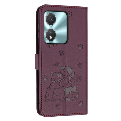 Honor X5c Plus Embossed Kitten PU Leather Wallet Case with Card Slots, Cash Pocket, Kickstand Function, Wrist Lanyard Strap, Full Protective TPU Flip Cover