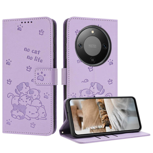 Honor X70 5G Embossed Kitten PU Leather Wallet Case with Card Slots, Cash Pocket, Kickstand Function, Wrist Lanyard Strap, Full Protective TPU Flip Cover
