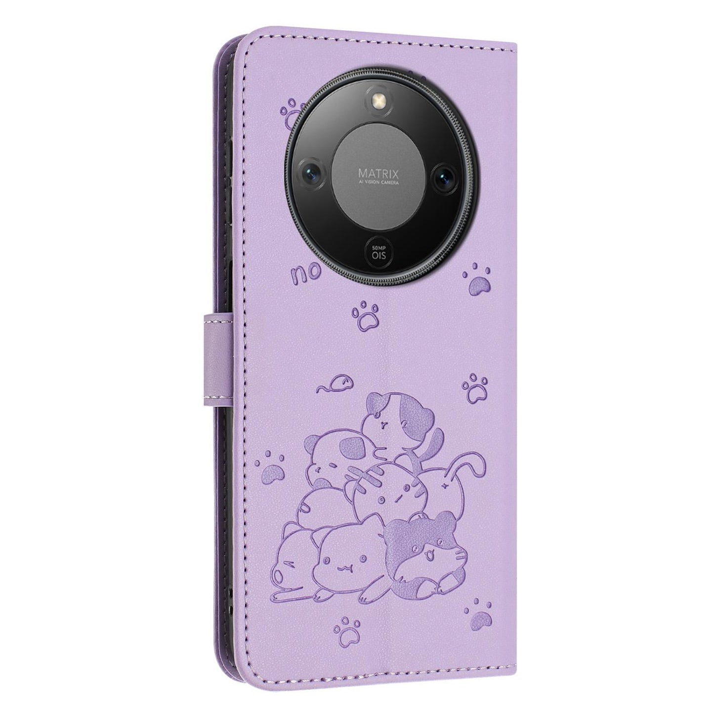 Honor X70 5G Embossed Kitten PU Leather Wallet Case with Card Slots, Cash Pocket, Kickstand Function, Wrist Lanyard Strap, Full Protective TPU Flip Cover